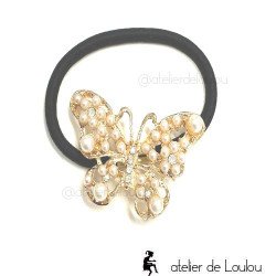 Chouchou élastique luxe doré papillon et perles nacrées