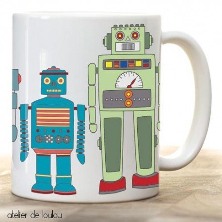 Joli mug pour Papounet avec des robots partout